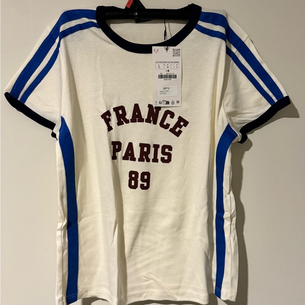 Zara White and Blue France Paris Tee Large